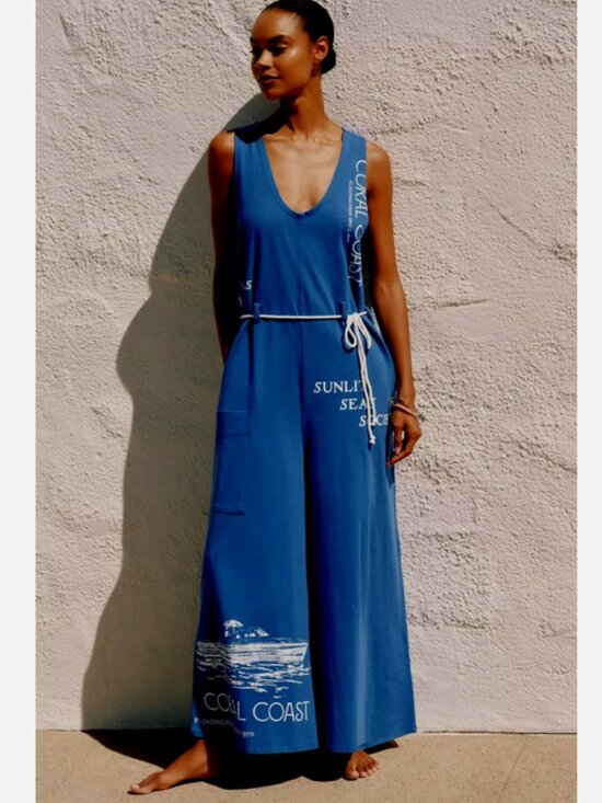 Anthropologie Pants - Anthropologie Celandine Coral Coast Knit Wide Leg Jumpsuit Blue Coastal L NWT